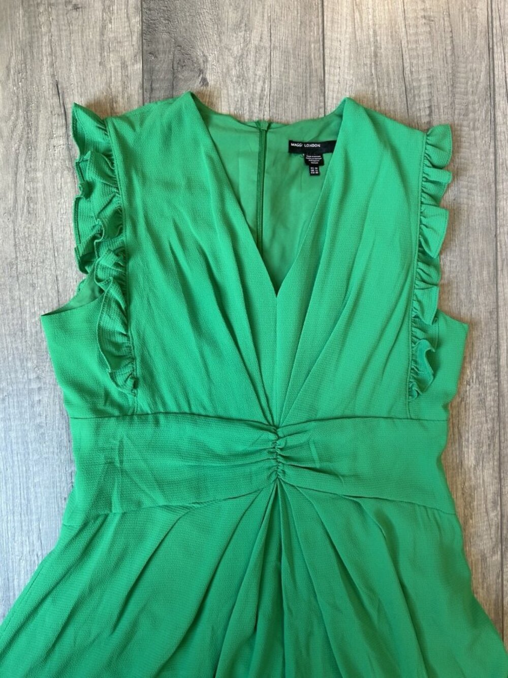 Maggy London Dress Sz 10 Green Chantilly Hi Lo Midi Spring Wedding Guest Ruffle - Picture 4 of 15
